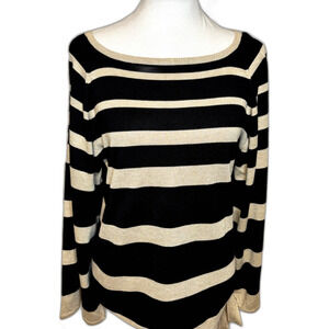 Boston Proper Striped Boat Neck Long Sleeve Knit Sweater Black Beige Womens